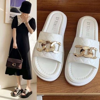 Dép quai ngang nữ phối dây xích, dép nữ đế bánh mì đen trắng cao 3 phân