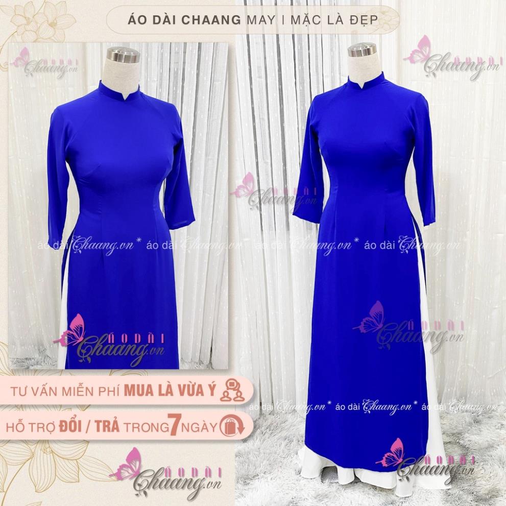 Áo dài xanh coban Chaang May sẵn áo cổ vuông tay lỡ, vải lụa xanh bích