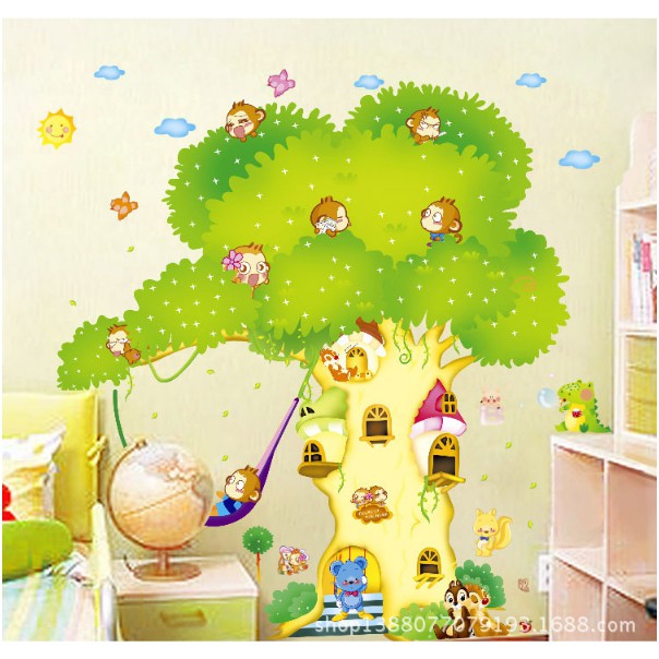 Decal trang trí tường - Nhà Khỉ trên thân cây size lớn ( 2 tấm )