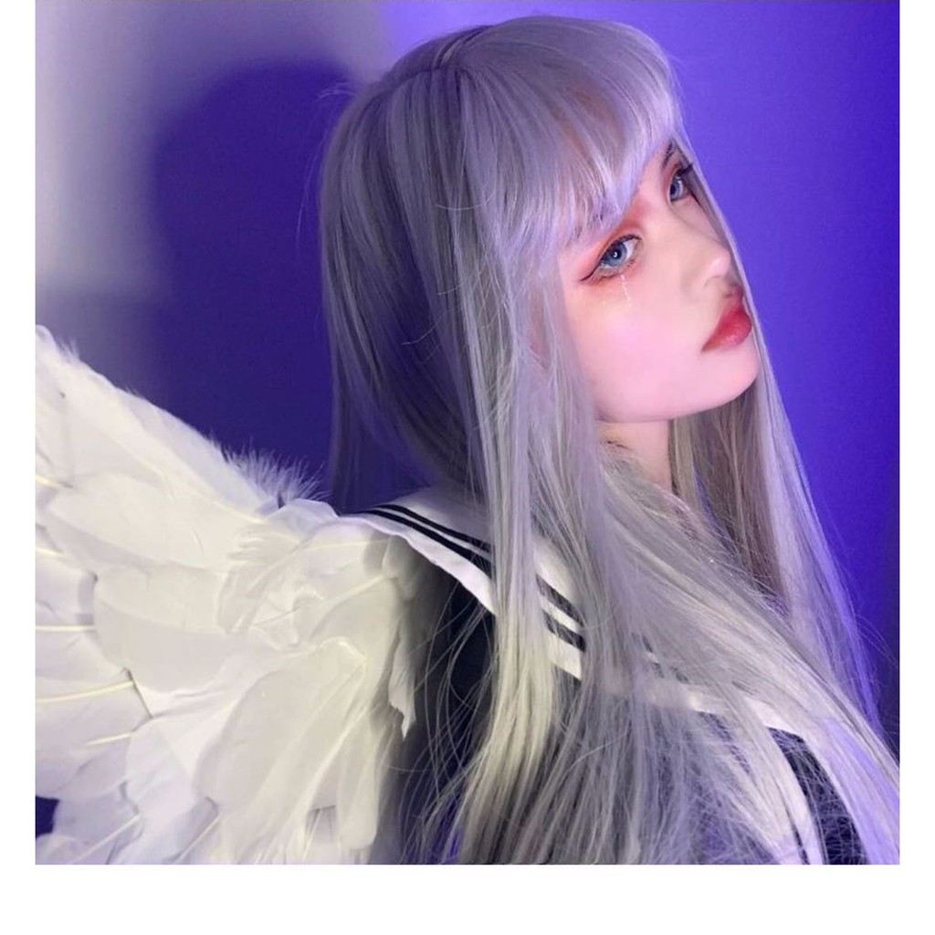 Tóc giả dài thẳng nhuộm màu xanh dương thời trang cho nữ kèm lưới trùm tóc giả