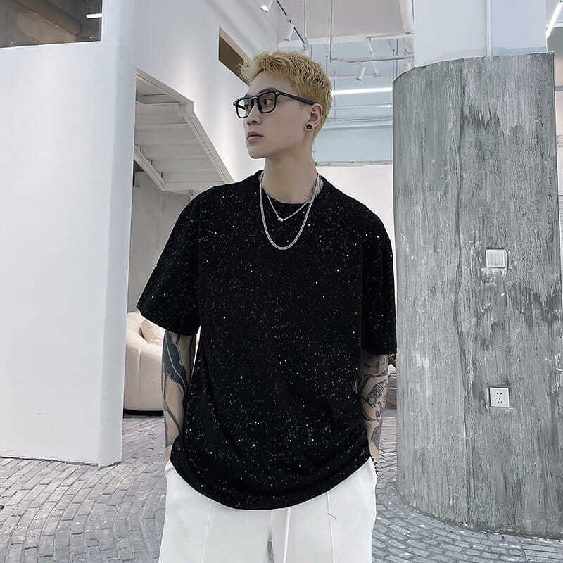 Áo Thun Tay Ngắn Đính Kim Sa Lấp Lánh Phong Cách Hàn Quốc Dành Cho Nam