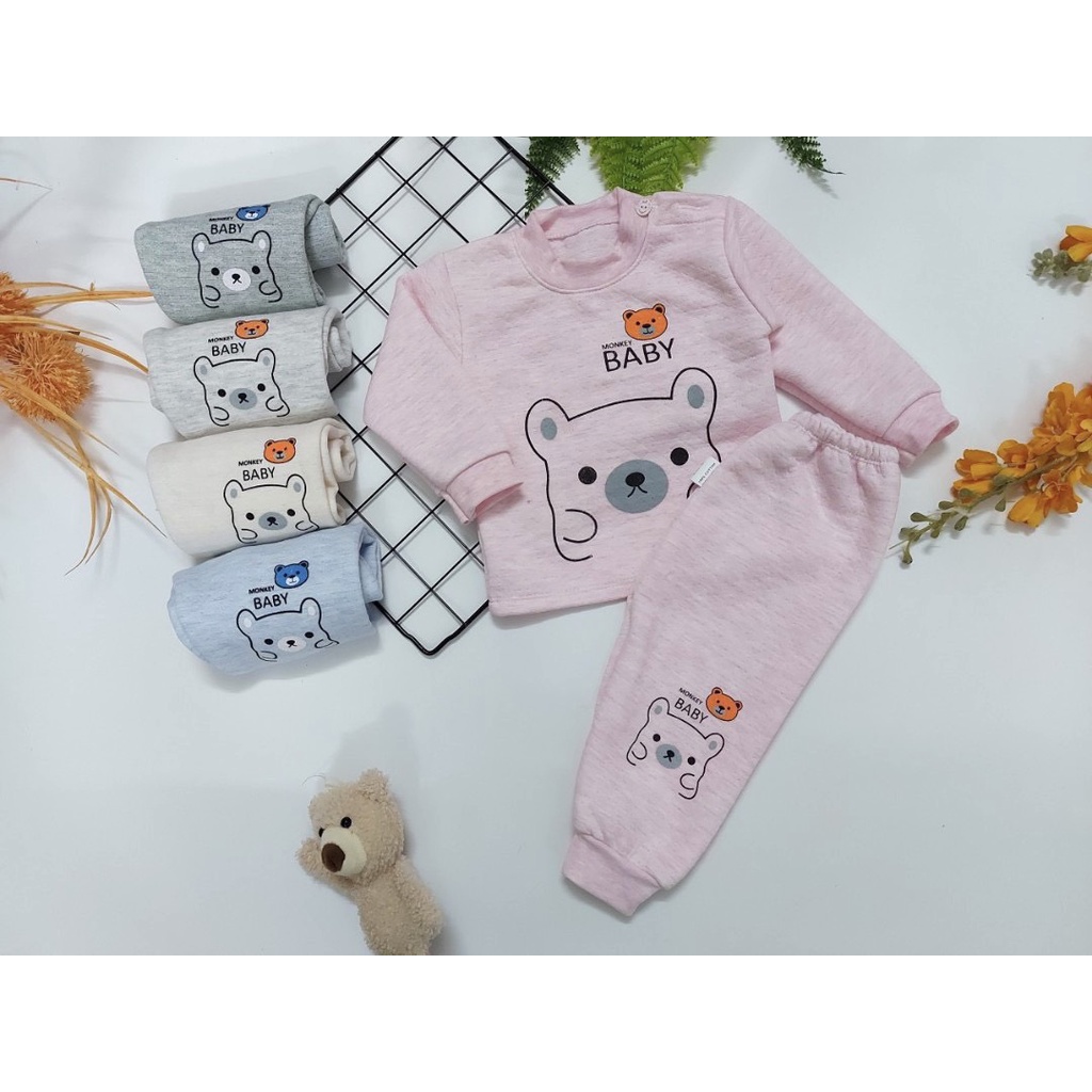 Bộ Xốp Trần Bông Cài Vai Mềm Mại, Cổ Cao Giữ Ấm Cổ Cho Bé Mùa Thu Đông, In Họa Tiết Gấu Dể Thương