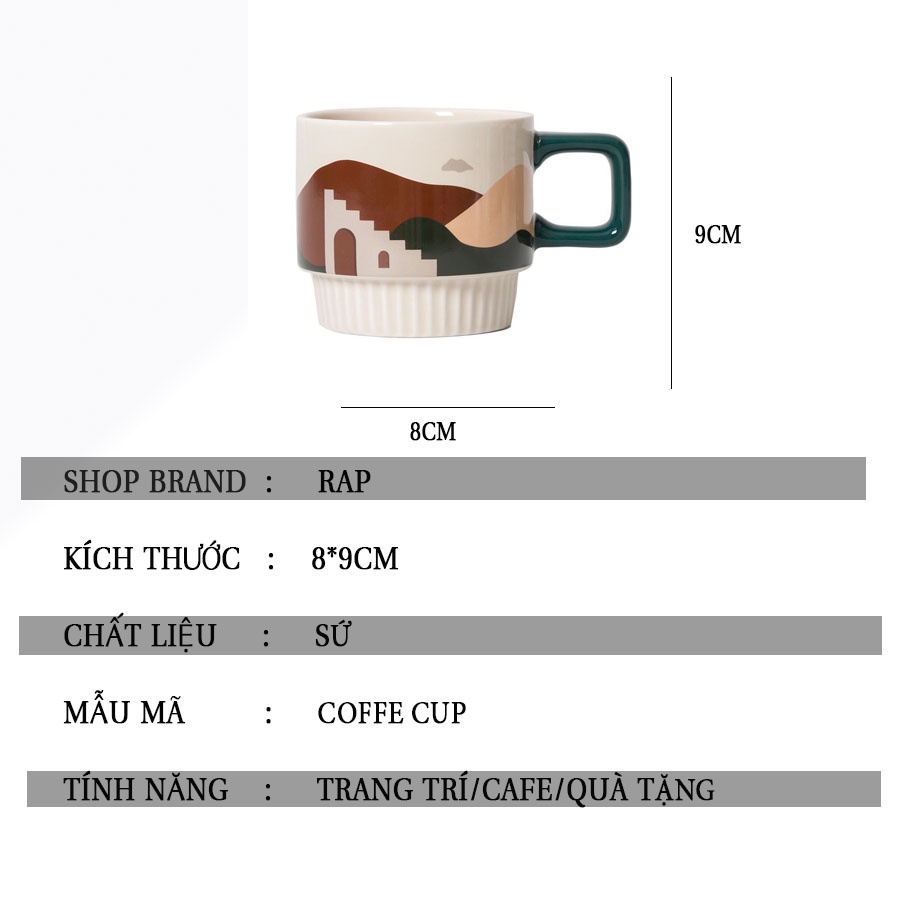 Cốc ly sứ OASIS phong cách Bắc Âu dung tích 320ml họa tiết xinh xắn viền quai xanh dùng để pha cà phê, pha trà - Ráp