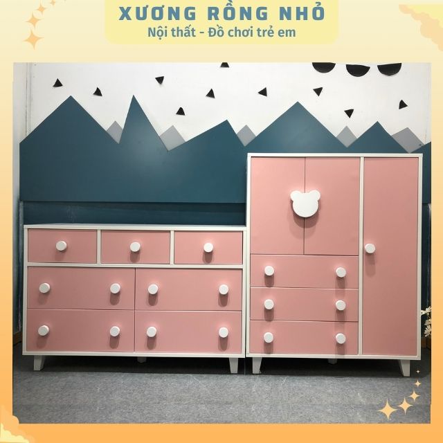 Tủ quần áo trẻ em cho bé gái Xương Rồng Nhỏ - Tủ gỗ trẻ em an toàn nhận may đo theo yêu cầu, kích thước riêng