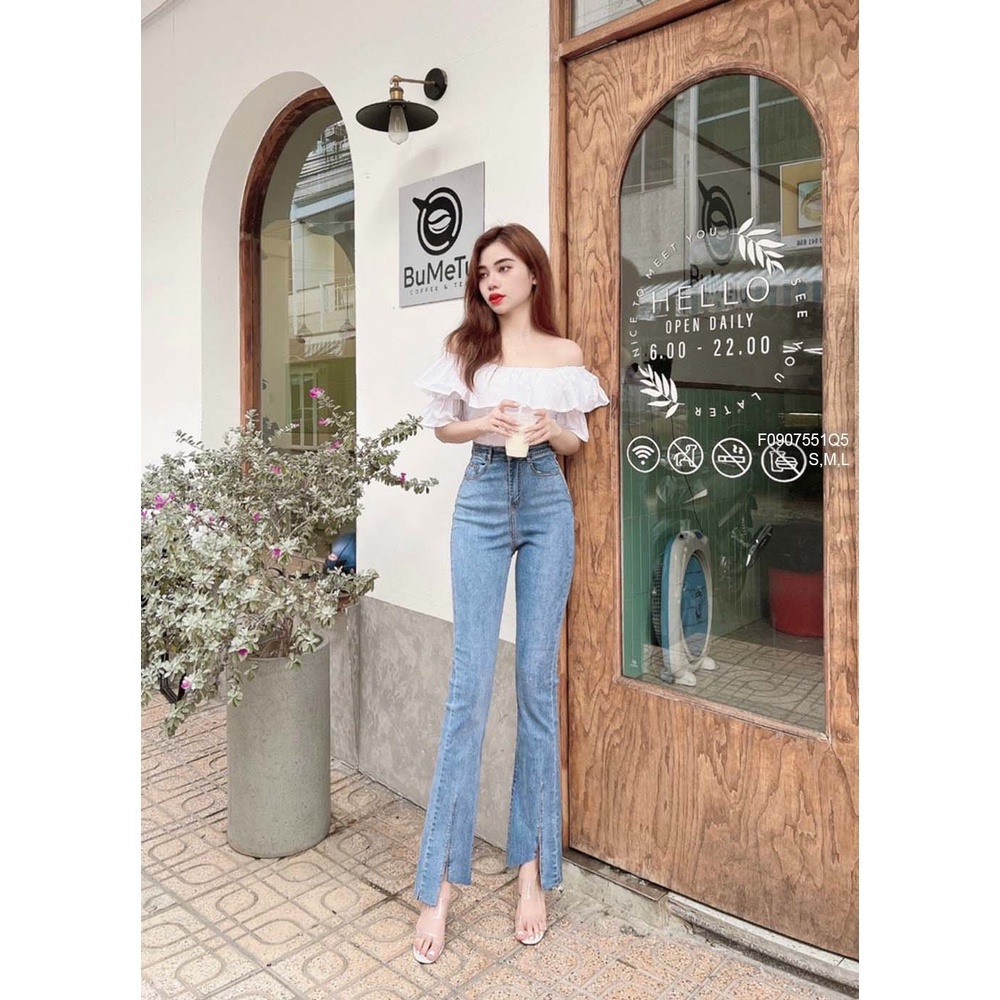 Quần jean dài ống xẻ lưng cao tôn dáng!