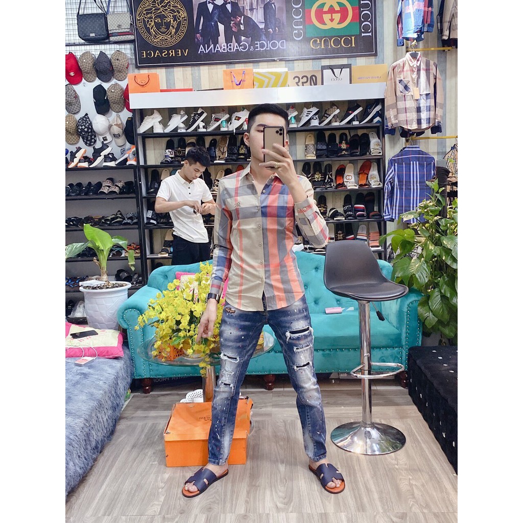 Áo sơ mi nam caro BBR cao cấp màu vàng cam mới
