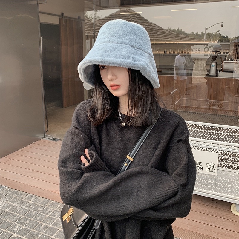 Mũ nón bucket lông thỏ lông tuyết dày dặn giữ ấm cho nữ thời trang phong cách Hàn Quốc