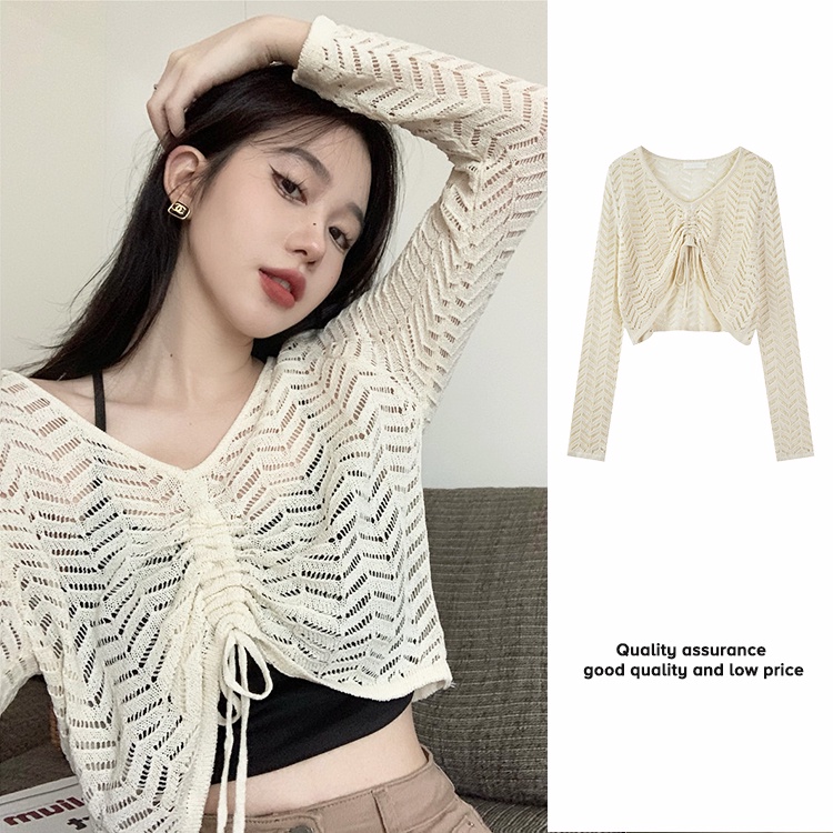 Porozi Áo kiểu  dệt kim mỏng khoét lỗ tay dài cổ chữ V phong cách Hàn Quốc thời trang dành cho nữ