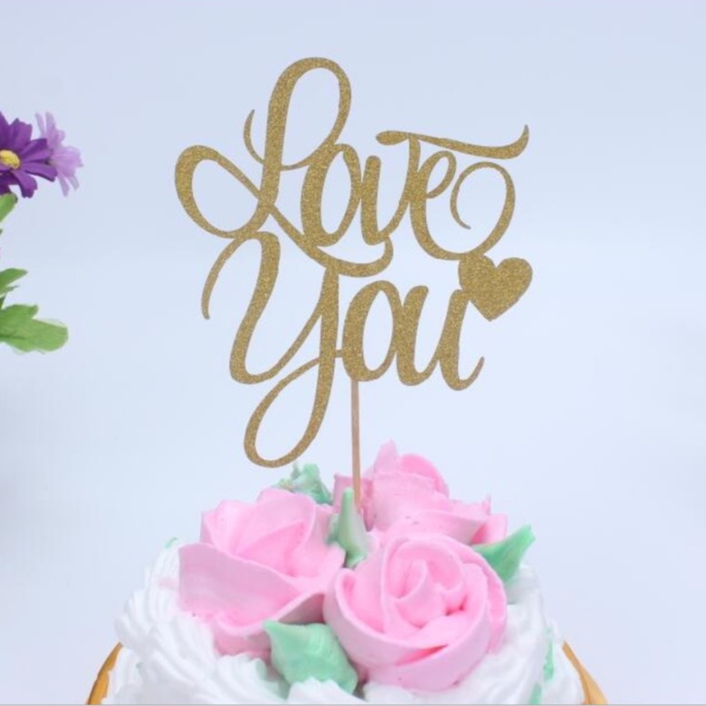 Túi 10 topper giấy nhũ chữ Love You cắm bánh sinh nhật, giấy nhũ trang trí