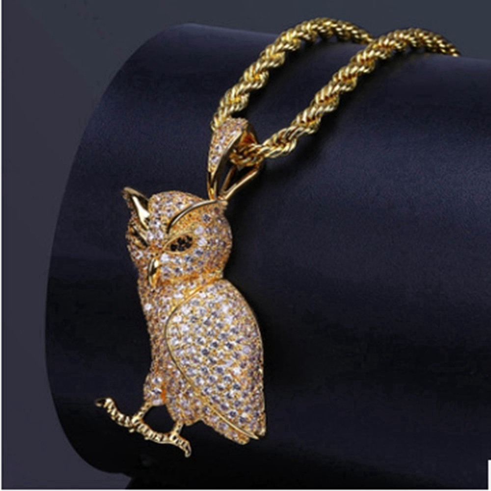Owl necklace gold color ice out miniature pillow cubic zircon rope men's charm chain