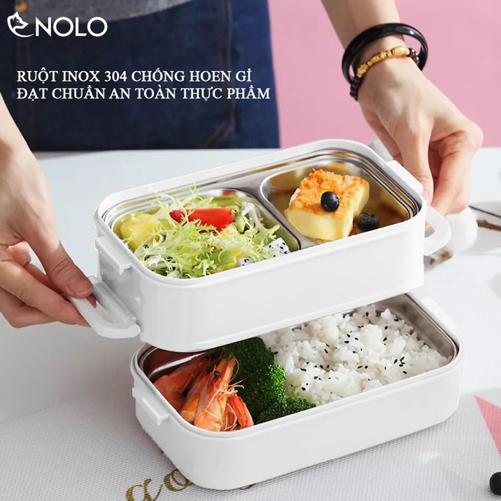 Hộp Đựng Cơm Bento 2 Tầng Model DIEP03 Nắp Giả Vân Gỗ Dùng Được Cho Lò Vi Sóng Có Tặng Kèm Túi Giữ Nhiệt Cao Cấp