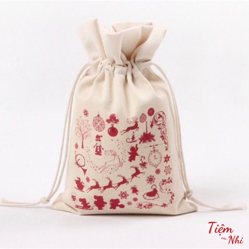 Túi vải dây rút mini cotton đựng đồ dùng cá nhân trang điểm in hình noel món quà giáng sinh 16X23CM Tiệm Của Nhi TVDR01