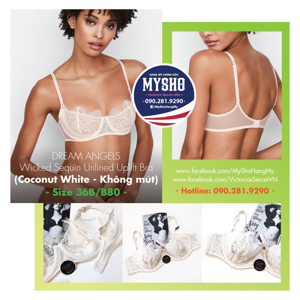 Áo ren Dream Angels Victoria's Secret USA size 32B/B70, 34B.B75, 36B.B80 (Không gọng, không mút)