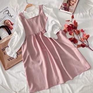 Set yếm doll hồng + áo tay bo
