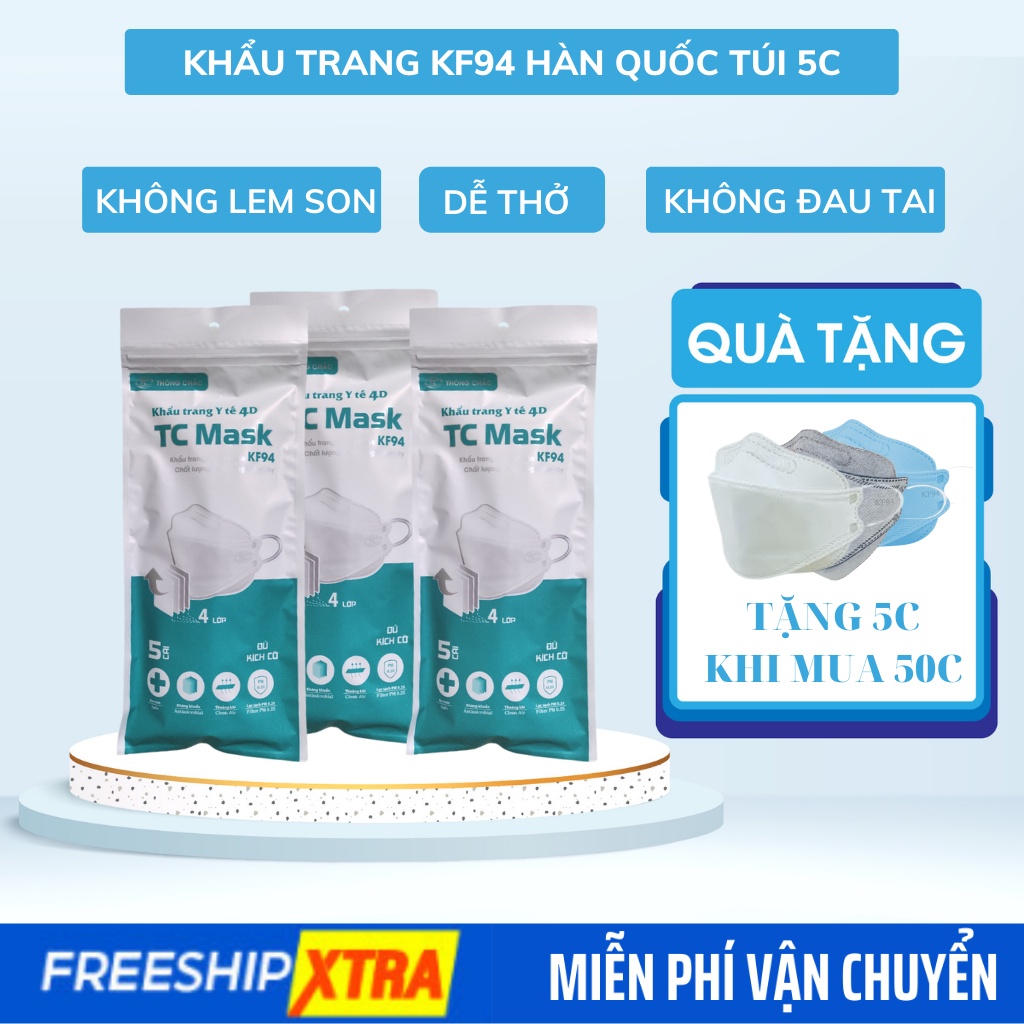 Khẩu trang 4D KF94 Hàn Quốc - Khẩu trang y tế 4 lớp kháng khuẩn màu trắng xanh xám [Combo 10 chiếc]