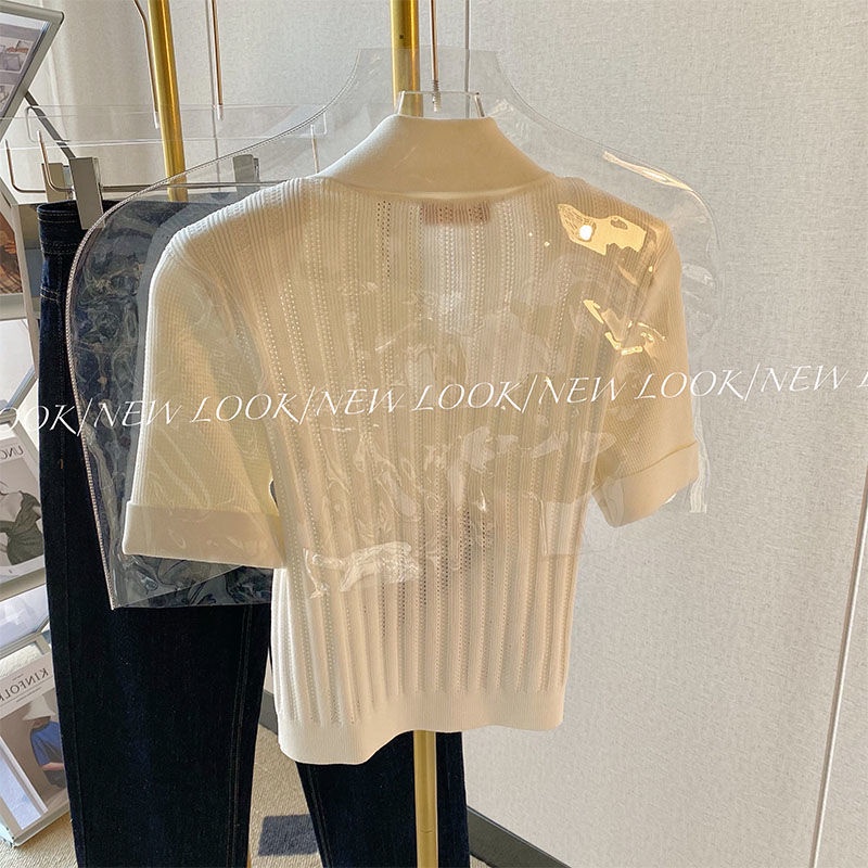 Áo cardigan Dệt Kim Cổ Polo Màu Trắng Phong Cách Phương Tây Thời Trang Cho Nữ