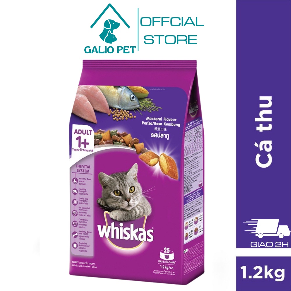Thức ăn WHISKAS® cho mèo lớn dạng hạt vị cá Thu túi1.2kg