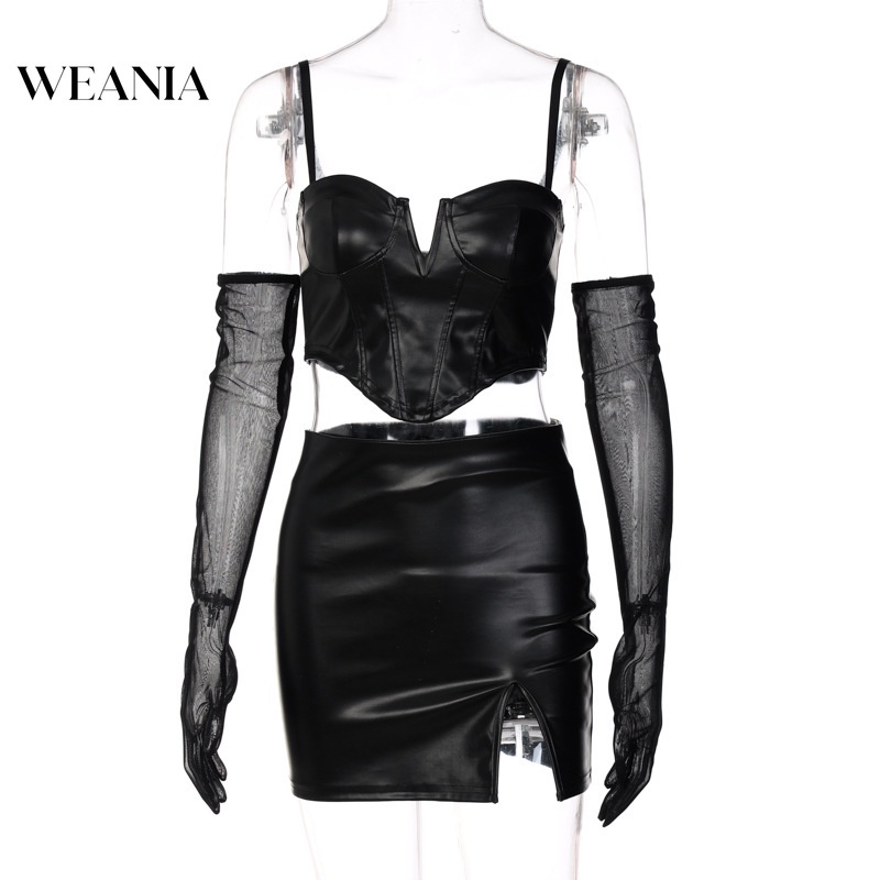 Set Áo Croptop Cổ Chữ V + Chân Váy Da Pu Lưng Cao Xẻ Tà Quyến Rũ