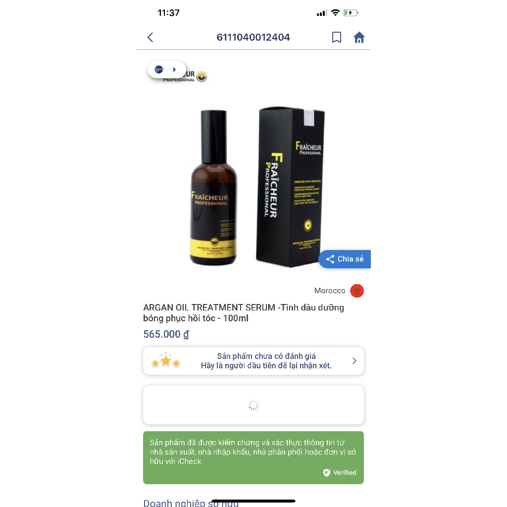 Tinh dầu dưỡng tóc phục hồi chuyên sâu FRAICHEUR ARGAN OIL TREATMENT SERUM 100ml