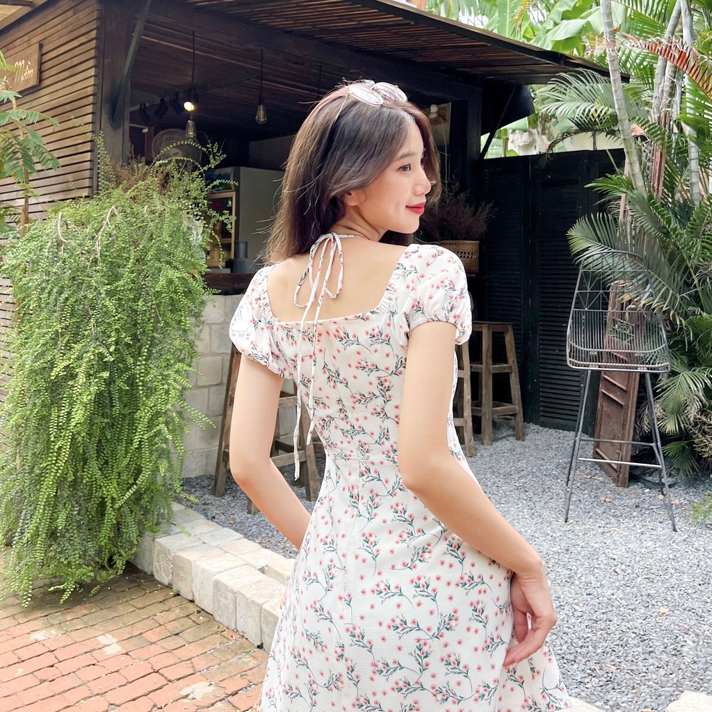 Đâm ANNA - Đầm hoa nhún ngực cột cổ