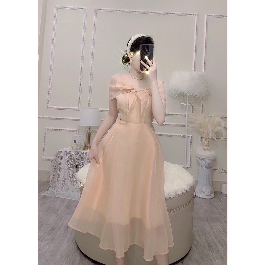 [Sale 9.9 free ship] Đầm công chúa đi dự tiệc phong cách sang trọng với thiết kế trễ vai phối nơ cực đẹp