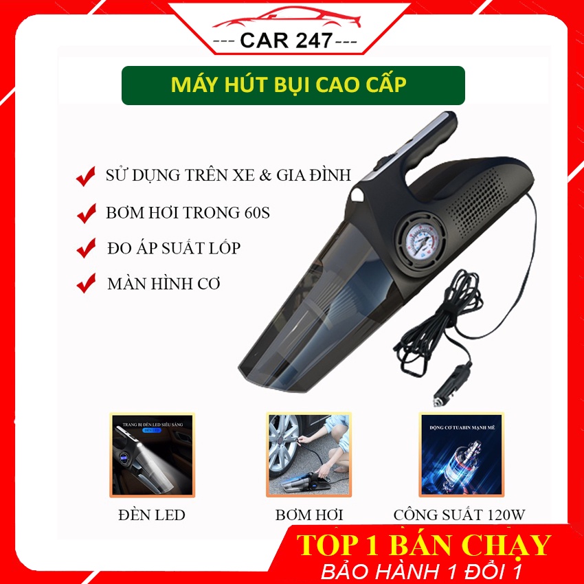 Máy Hút Bụi Ô Tô - Máy Bơm Lốp Ô Tô Đa Năng 4 Trong 1 - Hút Bụi, Bơm Lốp, Đo Áp Suất Lốp, Đèn Pin Chiếu Sáng