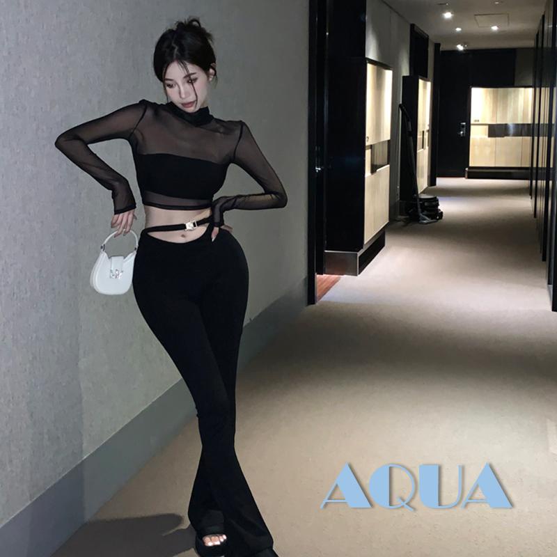 Áo Thun Crop Top Tay Dài Phối Lưới Xuyên Thấu Màu Trơn Hở Lưng Gợi Cảm Thời Trang Đường Phố Cho Nữ