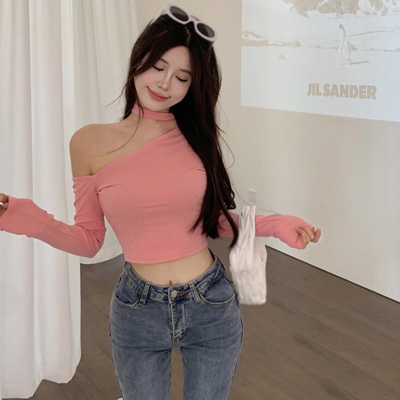 Áo Thun Croptop Tay Dài Màu Sắc Đơn Giản Phong Cách Hàn Quốc Cho Nữ
