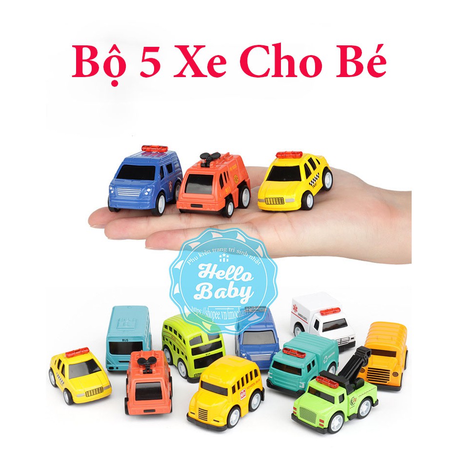 Set 5 xe sắt đồ chơi cho bé School Bus, Cứu Thương, Cứu Hộ, Môi Trường