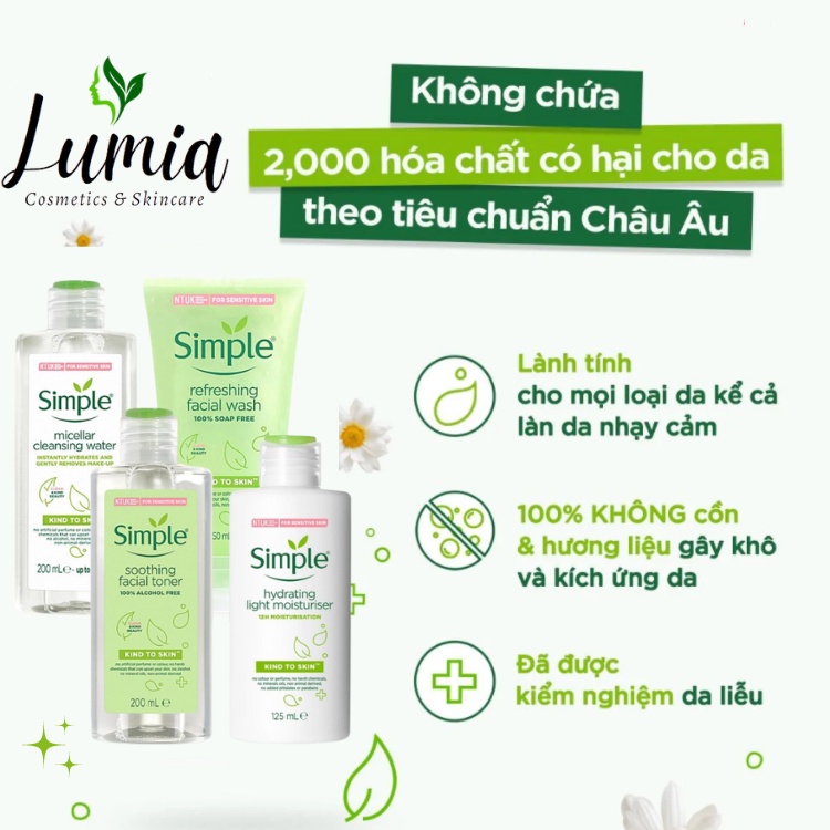 Nước Tẩy Trang Lành Tính Simple Dành Cho Da Dầu Mụn Nhạy Cảm, Da Khô, Dịu Nhẹ 200ML