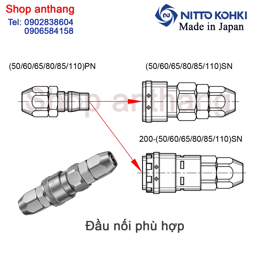 Đầu nối nhanh khí nén PN (đầu đực) bằng thép mạ - NITTO (Nhật Bản)