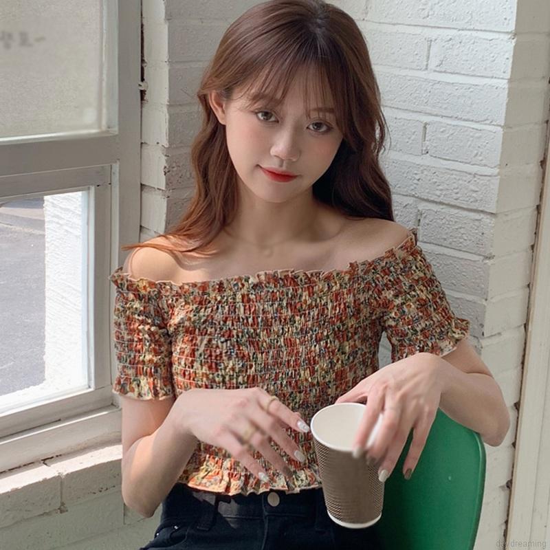 Áo Croptop Chất Chiffon Hoạ Tiết Hoa Thiết Kế Trễ Vai Quyến Rũ