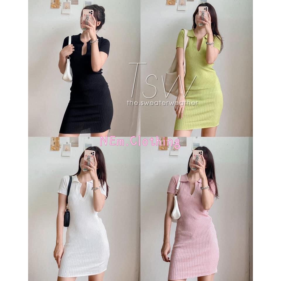 Váy Thun Tăm Cộc Tay Polo Cổ V Nữ - NEm.Clothing Nữ [FREESHIP] - Đầm dáng ngắn ôm body cổ tim tay lỡ thiết kế cá tính