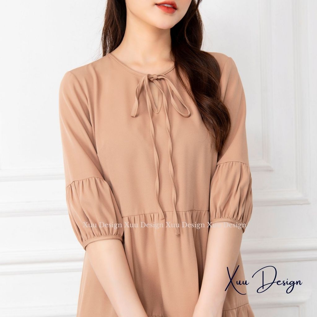 Váy babydoll dáng suông dài, cổ thắt nơ tiểu thư, tay lỡ phối tầng - Xuu Design V03