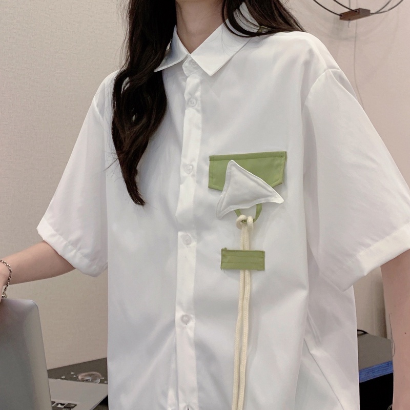 Áo sơ mi ZHELIHANGFEI tay ngắn dáng rộng theo phong cách preppy độc đáo/dễ phối đồ