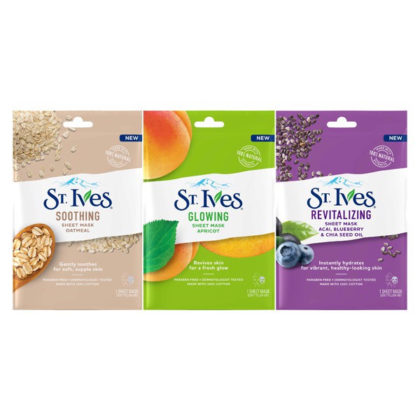 Mặt nạ duy trì độ ẩm St.Ives Revitalizing Sheet Mask Acai, Blueberry, Chia seed oil 23ml (1 miếng)