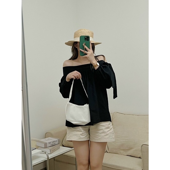 [Ảnh thật]Áo đũi trễ vai thắt nơ phong cách Ulzzang