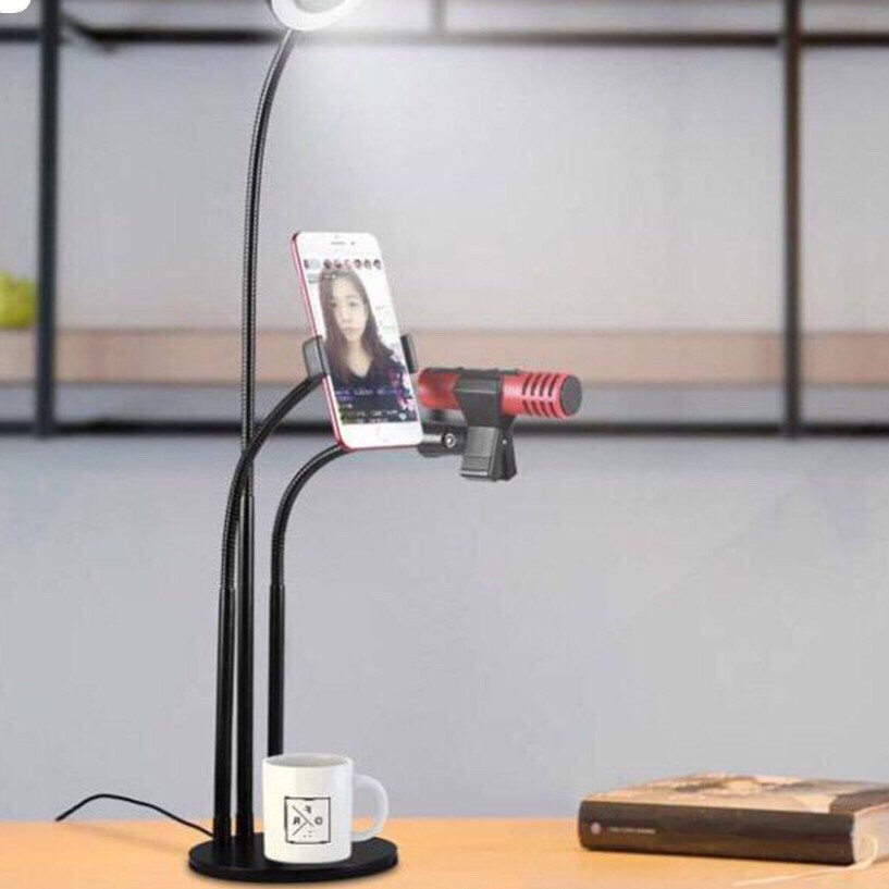Bộ chân đế kẹp Mic có đèn Led hỗ trợ Livestream, đa năng 3 trong 1 kiêm đèn đọc sách