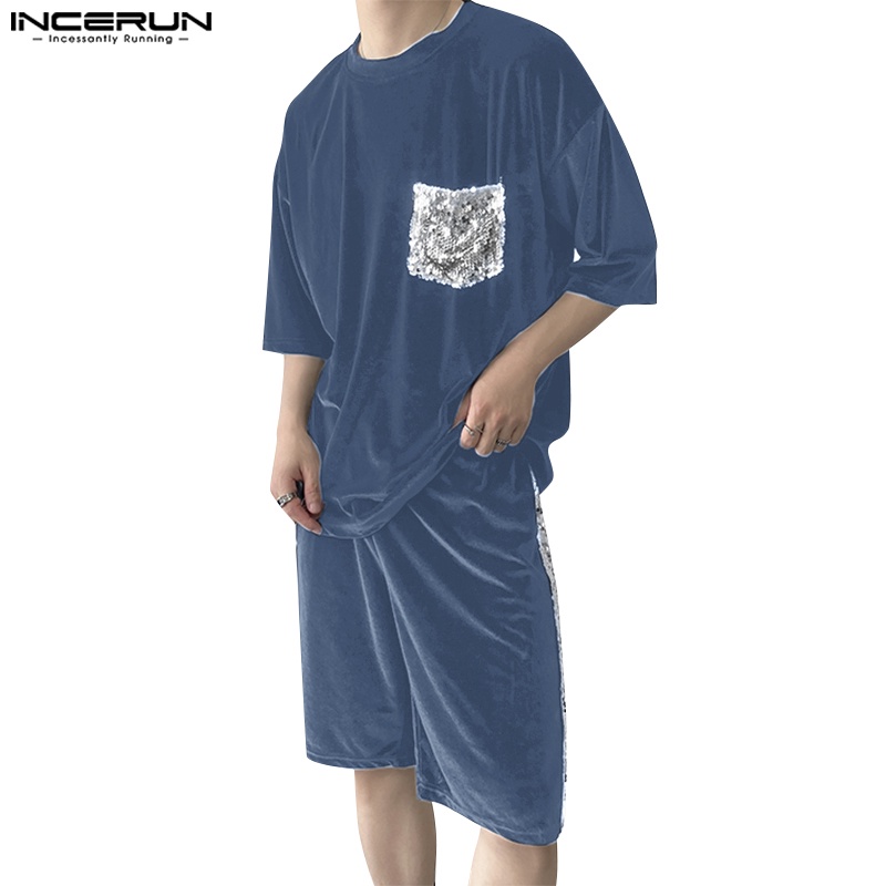 INCERUN Bộ Áo Ngắn Tay Cổ Tròn Đính Kim Sa + Quần Short Lưng Thun Thời Trang