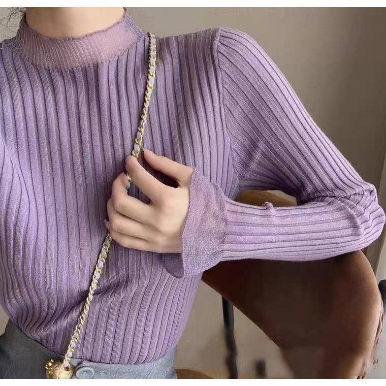 Áo sweater cổ lọ tay loe phối lưới thời trang thu đông sành điệu cho nữ