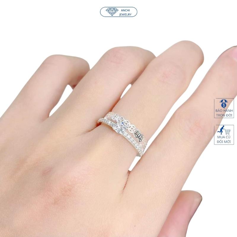 Nhẫn kim tiền 2 vòng đính đá, chuẩn bạc ta nguyên chất cho nữ, Anchi jewelry