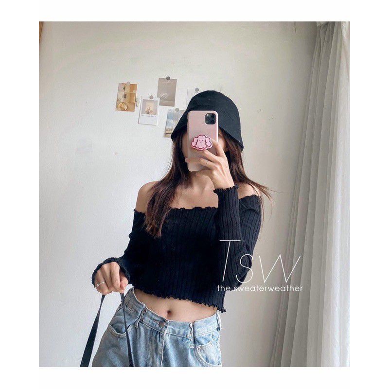 Áo Croptop Gân Dệt Kim Trễ Vai Dài Tay Ulzzang Tuyết's House