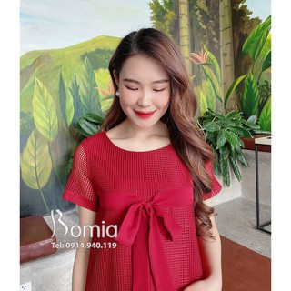 Váy bầu ren lưới đỏ nơ ngực