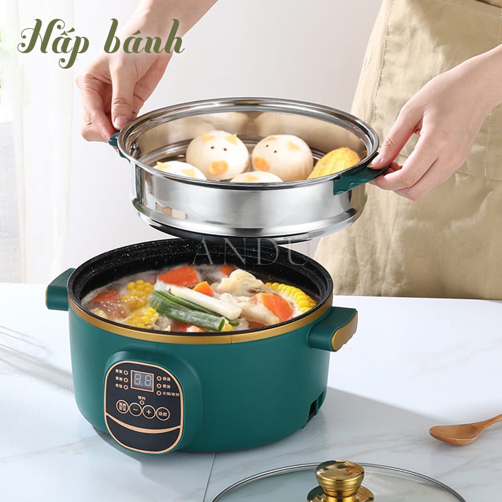 Nồi Lẩu Điện Đa Năng Chống Dính Electric cooker pot,  Nồi Lẩu Gia Đình Shanban 24cm Kèm Hấp Inox Cao Cấp