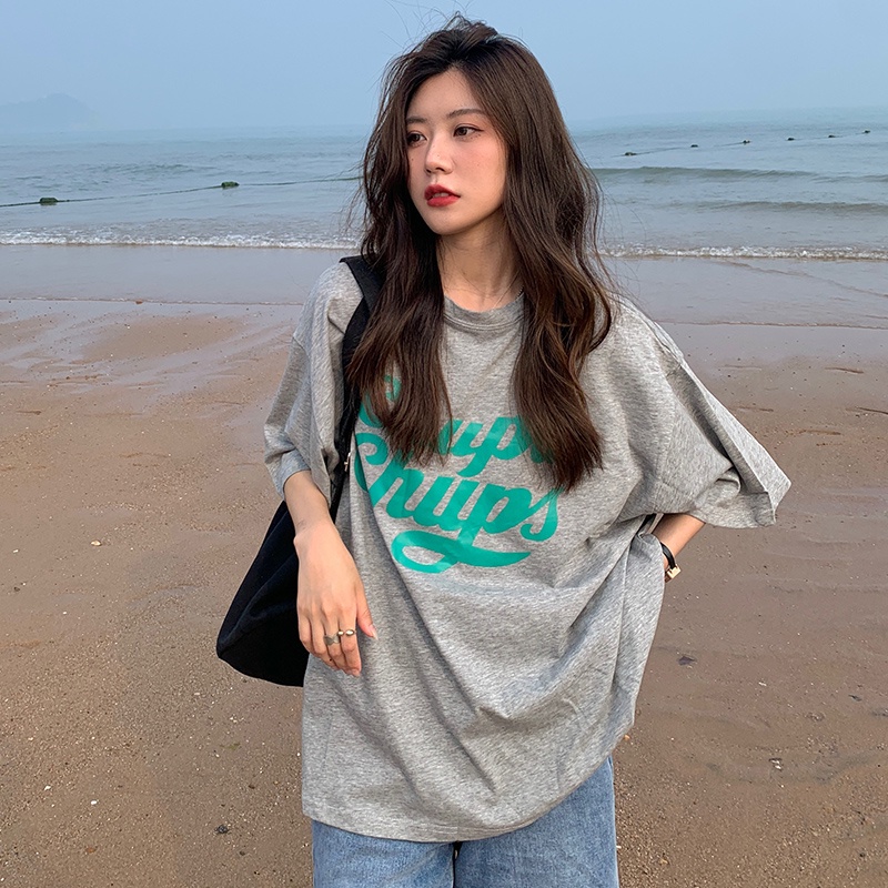 Áo thun SUXI tay ngắn cổ tròn dáng rộng in chữ thời trang mùa hè cho nữ