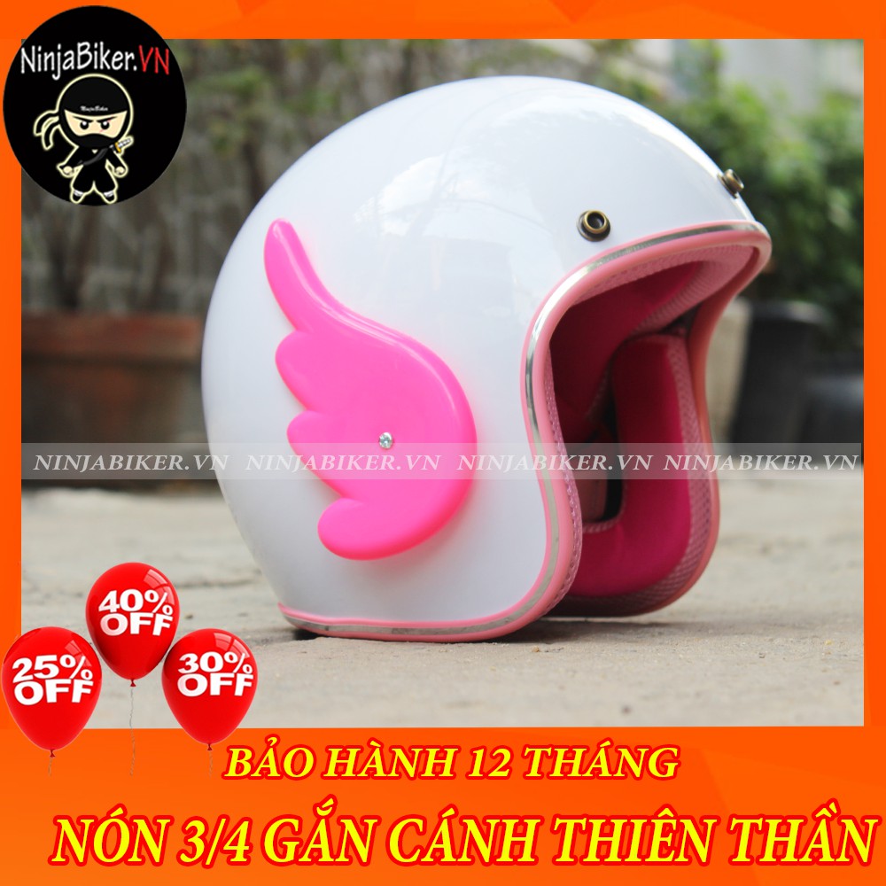 NÓN BẢO HIỂM 3/4 - TRẮNG VIỀN HỒNG KÈM CÁNH THIÊN THẦN HỒNG SIÊU CUTE