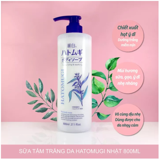 Sữa tắm dưỡng ẩm trắng da Hatomugi Moisturizing Washing 800ml - Vala Store