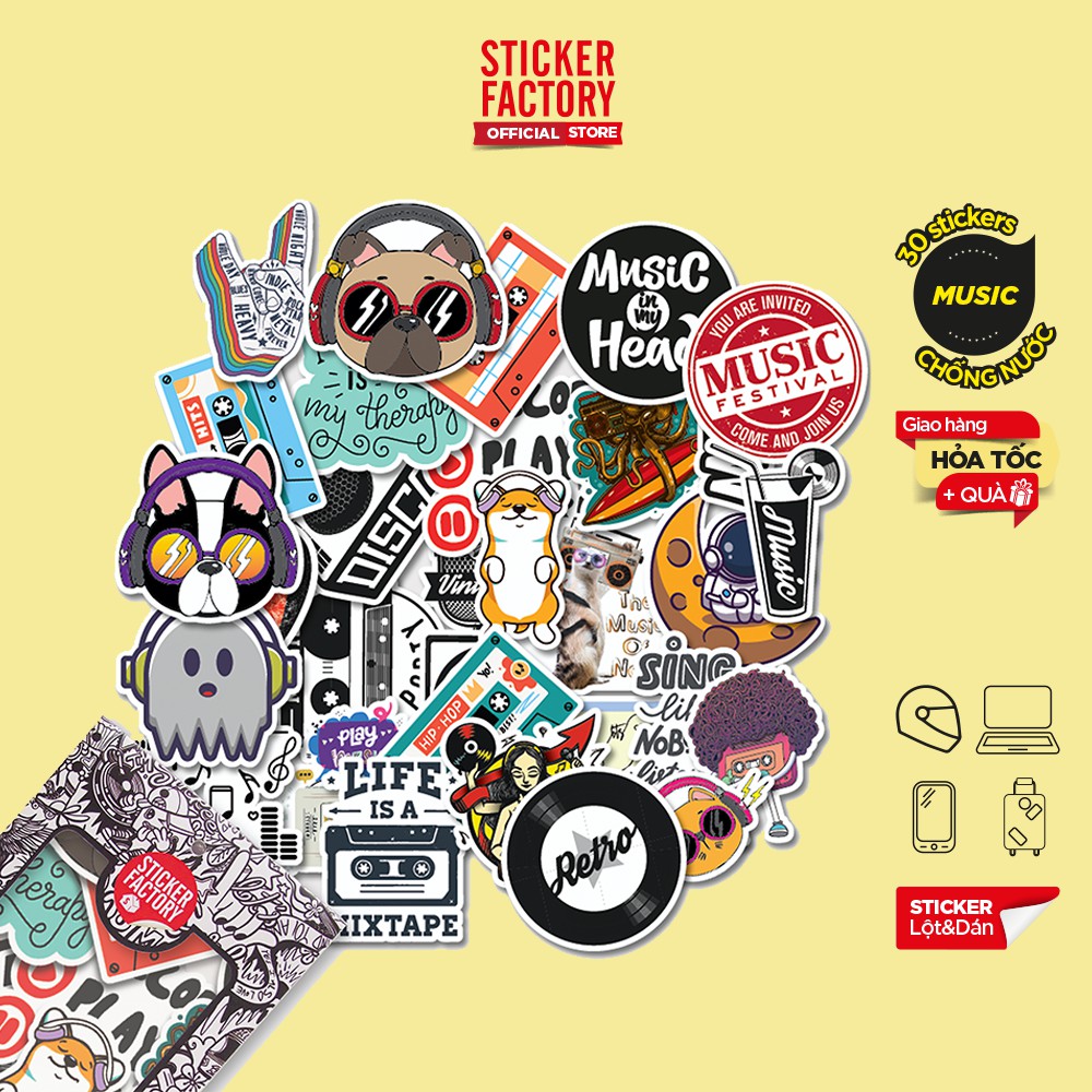 Hộp set 30 sticker decal hình dán nón bảo hiểm , laptop, xe máy, ô tô STICKER FACTORY - Music