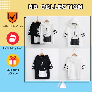Hoodie mèo nhật tay lửng vải thun cotton thấm hút mồ hôi, unisex form rộng