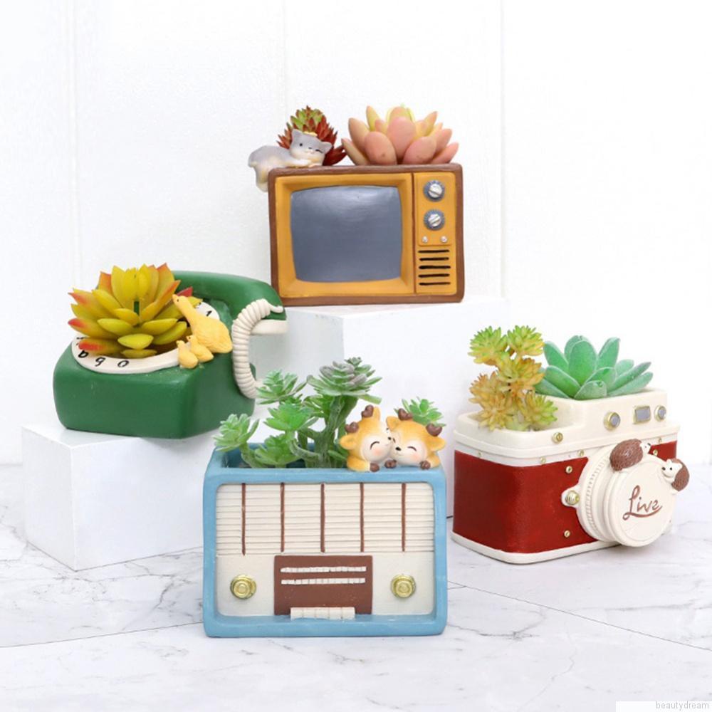 Chậu trồng cây bonsai/hoa bằng nhựa resin vẽ tay trang trí nhà cửa